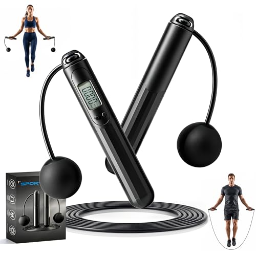 Jump Rope with Counter, 2-in-1 Weighted Corded & Cordless Skipping Rope with LCD Display, Adjustable Length Steel Ball Bearings for Calorie/Count Tracking - Smart Jump Rope for Adults Home Gym Fitness Workouts