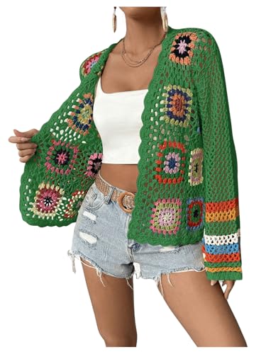 Image of SHENHE Women's Floral Crochet Cardigan Hollow Out Open Front Long Sleeve Cardigan Sweater
