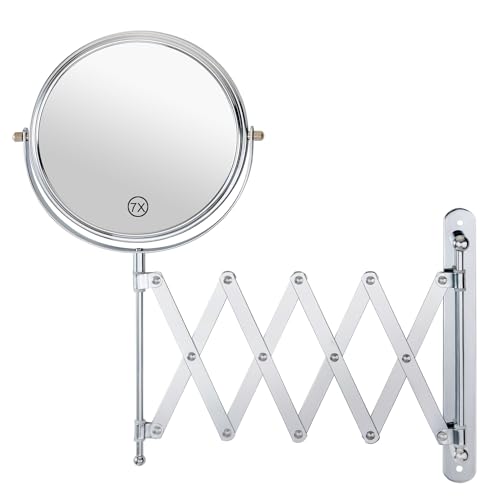 Welllink 8Inch XL Extendable Mirror for Bathroom Space-Saving Screw Mount 7X/1X Magnifying Mirror HD Glass No Distortion Chrome for Home Cloakroom Gift