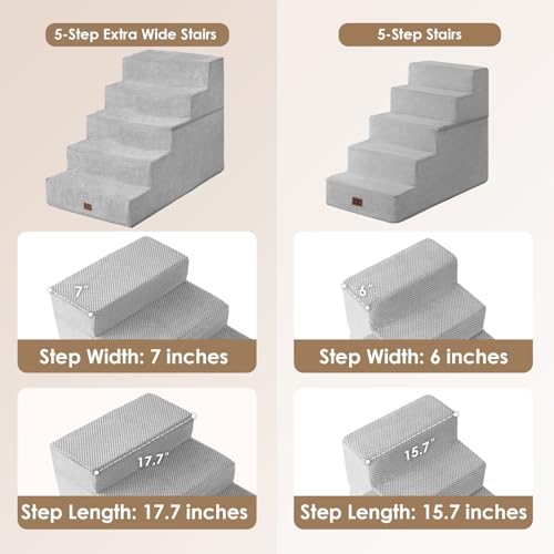 Image of EHEYCIGA Dog Stairs for High Bed 25 inch H, 5-Step Extra Wide Dog Steps for Bed, Pet Steps for Small Dogs and Cats, Non-Slip Balanced Pet Ramp Indoor, Light Grey