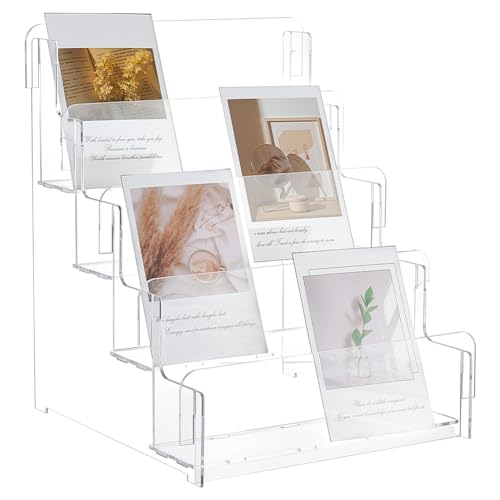 FINGERINSPIRE   Expositor de tarjetas postales de acrílico de 4 niveles, 27,3 x 26,9 x 31 cm, expositor de tarjetas de felicitación de acrílico transparente, adhesivo de postal, sello de fotos,