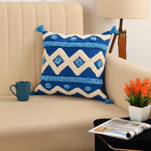Image of TIB Premium Boho Cushion Covers 16 inch x 16 inch | Decorative Throw Pillow Covers Set of 2 with Tassel Accent for Sofa, Couch, Living Room & Bedroom | Blue Infinity