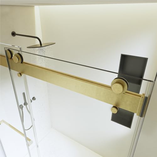 Image of Findepot 56-60 inch W x 76 inch H Frameless Double Sliding Soft-Close Glass Shower Doors with 3 /8 inch(10mm) SGCC Clear Tempered Glass, Brushed Gold