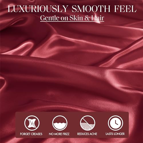 Image of Madison Park Essentials Satin Sheets Cal King Size Bed Set, 6 Piece, Red | Luxury and Smooth Silky Bedding with Natural Sheen, All Around Elastic 14 inch Pocket fits up to 16 inch Mattress, Year-Round Cozy