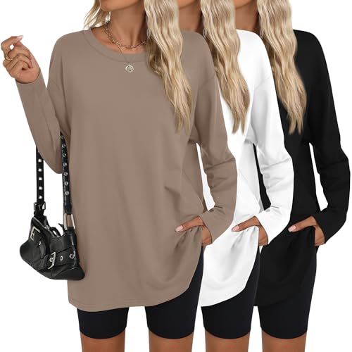 Ficerd 3 Pack Women's Oversized Long Sleeve Shirts Cotton Gym Round Neck Tops Loose Fit Casual Workout Baggy Fall Basic Tee