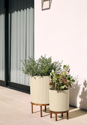 Image of Veradek Demi Series Raised Duo Planters - Set of 2 Planters with Stands | Made From a Durable Plastic-Stone Composite & Comes With Wooden Stand. Modern Porch /Patio Decor