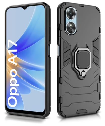 Image of WOW IMAGINE Shock Proof Back Case Mobile Cover for Oppo A17 | Back Cover Case (Tough Armor | Hybrid PC + TPU | Ring Holder & in-Built Kickstand | Black)