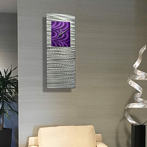 Mesmerizing Etched Silver & Purple Jewel Tone Metallic Abstract Wall Clock - Contemporary Hand-Crafted Time Piece, Home Decor, Modern Functional Metal Wall Art - Purple Radiance Clock - 24-Inch #TOP3