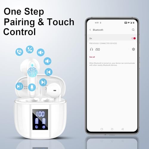 Image of Wireless Earbuds, Bluetooth 5.4 Headphones, 48H, Stereo Ear Buds, LED Display Earphones with Mic, IP7 Waterproof In EarBud, Comfort Fit, Bluetooth Earbuds for Phone Android iOS, Sport, Walk, White