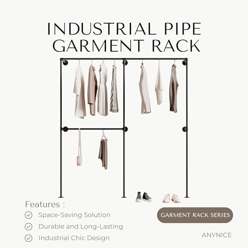 Industrial Pipe Clothing Rack, Heavy Duty Wall Mounted Clothes Rack, Retail Display Hanging Garment Rod for Laundry Rooms, Closet Storage, 14.6x75x82.7 Inches, Model K02