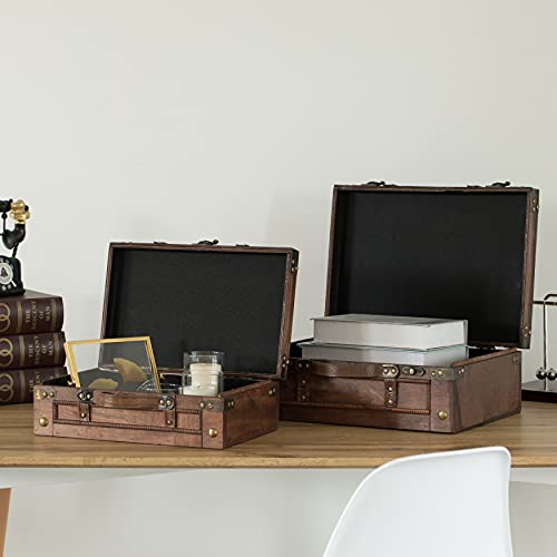 Leather Antique Decorative Storage Trunk, Wooden Suitcase With Faux Leather Belt Set Of Two Brown #TOP1