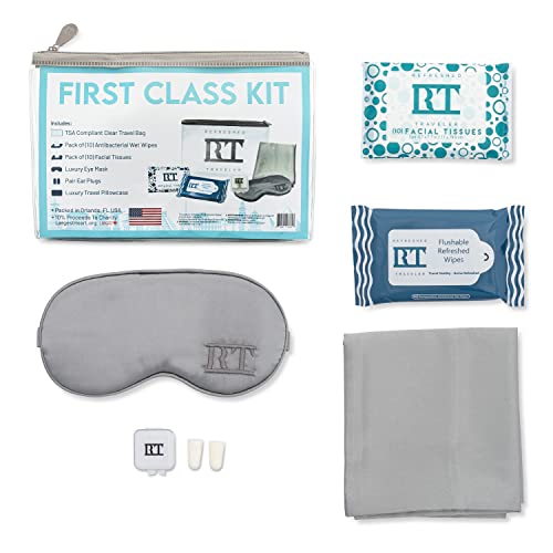 First Class Kit, International Travel, TSA Approved, Satin Eye Mask, Travel Pillowcase, Ear Plugs, Antibacterial Wipes, Travel Tissues, Perfect Overnight International Flights, Refreshed Traveler