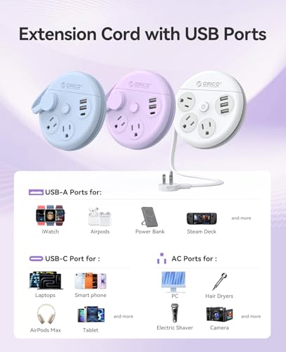 Image of ORICO Power Strip with USB Ports, 4Ft Flat Extension Cord with 3 AC Outlets and 2 USB-A and 1 USB-C Charging Ports, 45 Flat Plug, Non-Surge Protector for Cruise /Home /Office /Dorm Essentials, Purple