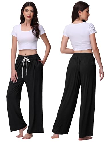 Image of Veseacky Women's Wide Leg Lounge Pants Yoga Pajamas Comfy Stretch Drawstring Pajamas Puls Size Dance Bottoms S-4XL