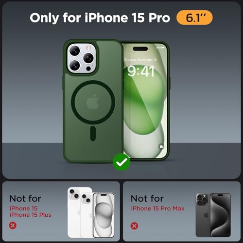 Image of Miracase Magnetic for iPhone 15 Pro Case 6.1 inch (Compatible with MagSafe)(with 2X Screen Protectors)Military-Grade Protection, Anti-Fingerprint Translucent Matte Phone Cover, Dark Green