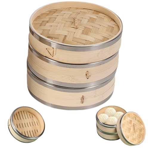 fkngcp Canasta de Vapor Cesta de Vapor de 2 Niveles con Tapa de 7.5 '' Cestas de de bamblaje de bambúreros