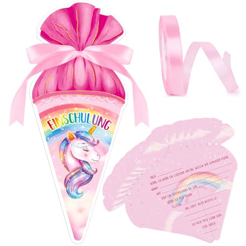COMOOKA 12 Stück Einladung Einschulung Mädchen Einhorn Einladungskarten zum Schulanfang Klappkarte Schuleinführung Party Schulkind Geschenke Deko