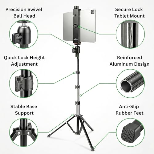 Image of 68 inch iPad Tripod Stand with Tablet Mount, Phone Mount and Bluetooth Remote