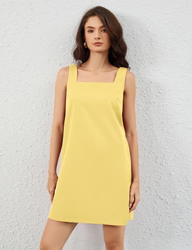 Image of Summer Linen Mini Dress for Women Sleeveless Square Neck Tank Shift Dresses Causal Backless Solid Short Sundress
