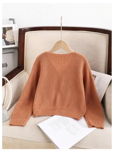OYOANGLE Girl's Button Up Cardigan Sweater Long Sleeve V Neck Soft Knit Cropped Cardigans2