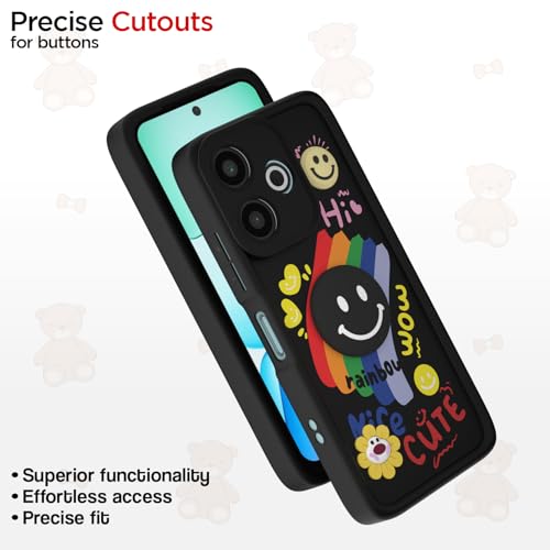 Image of Pikkme Back Cover for Redmi 13 5G / Poco M6 Plus 5G | Soft Silicone| Cute Rainbow Smile & 3D Cartoon Flower Design | Shockproof Raised Camera Protection Bumper Case (Black)
