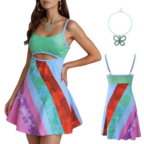 Womens Vintage Print Rainbow Sexy Sheath Dress Sleeveless Adjustable Slip Y2K Retro Bodycon with Butterfly Necklace