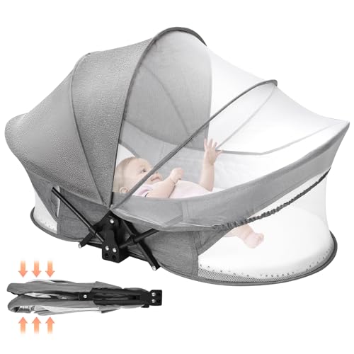 Image of Deeteck Portable Baby Travel Bassinet: Sturdy & Foldable Baby Bassinets with Storage Bag for Indoor & Outdoor - Babies Bed with 2-1 Mosquito Net & Sunshade Canopy Washable for Infant Newborn Gray