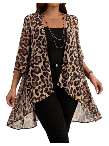 OYOANGLE Women's Plus Size Cheetah Print Kimono Cardigan Open Front Asymmetrical Hem Beach Cover Up
