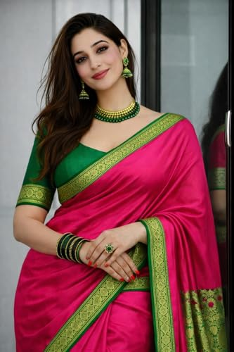 Image of Women's Glory Banarasi Satin Silk Saree with Rich Zari Woven Border & Pallu | Soft Glossy Party Fancy Traditional Saree for Wedding, Festive, Function | Blouse Piece Included
