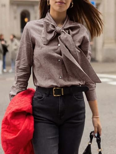 Cicy Bell Womens Plaid Shirts Bow Tied Neck Button Down Long Sleeve Casual Dressy Blouse Tops4