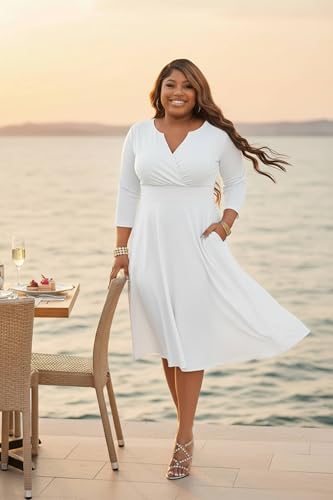 Image of Runwind Women's Plus Size Midi Dress 3 /4 Sleeve Fit and Flare Cocktail Dresses Casual V-Neck Dress with Pockets