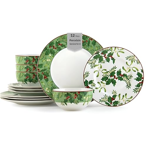 Christmas Foliage 12-Piece Porcelain Dinnerware Set
