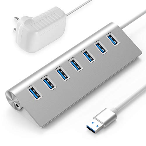 Rybozen USB 3.0 Hub Powered 7 Port, Aluminum Data Hub SuperSpeed with 5V/4A 20W Power Adapter for Windows, Mac, and Linux PC