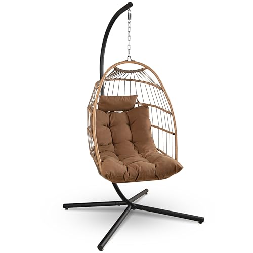 SereneLife Sedia a Dondolo a Uovo con Supporto, Capacità Fino a 250 Kg, Sedia Sospesa Poltrona a Dondolo in Rattan con Struttura in Acciaio Verniciato a Polvere per Casa e Giardino con Cuscino