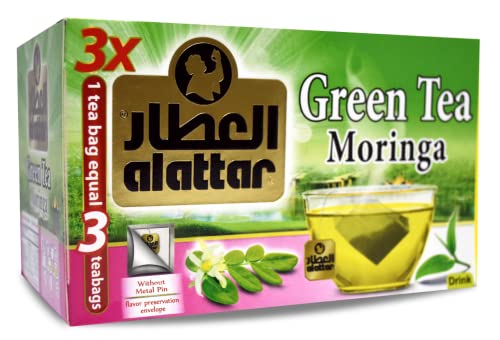 Alattar Green Tea Moringa (20 Tea Bags) Dried Premium Egyptian Herbal Herb Herbs Natural Oriental Arabic Strong Flavor Caffeine Free Non Gmo Halal Kosher العطار أعشاب شاى أخضر مورينجا #TOP10