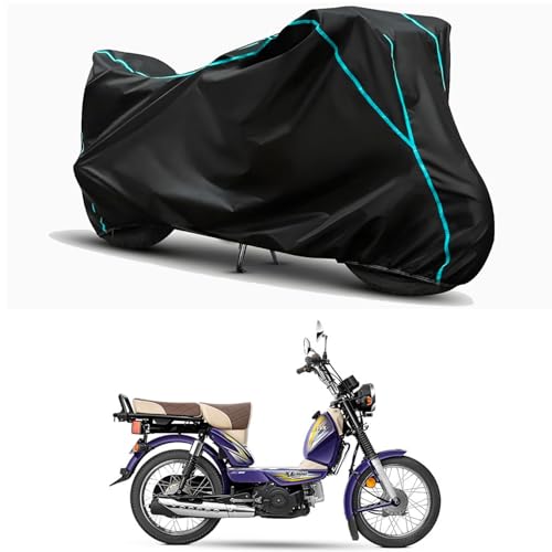 Image of Waterproof Bike Body Cover Compatible for | TVS XL100 Comfort | Taffeta Fabric, Sky Piping Design, Bottom Elastic Fit | Dustproof, Sun UV & Rain Protection for All Weather.