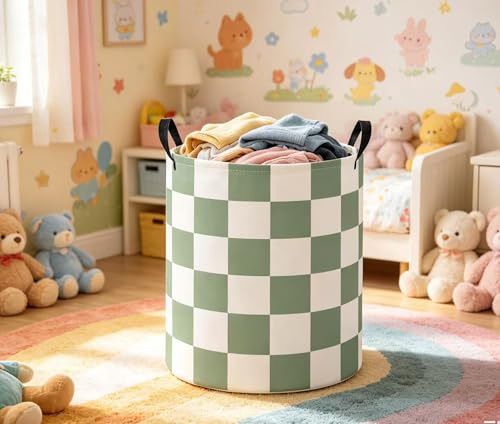 Image of Baby Laundry Basket Baby Nursery Hamper Kids Laundry Basket Toy Storage Bin for Boys Room Decor Gift Baskets for Bedroom Bathroom(Green Checkered)