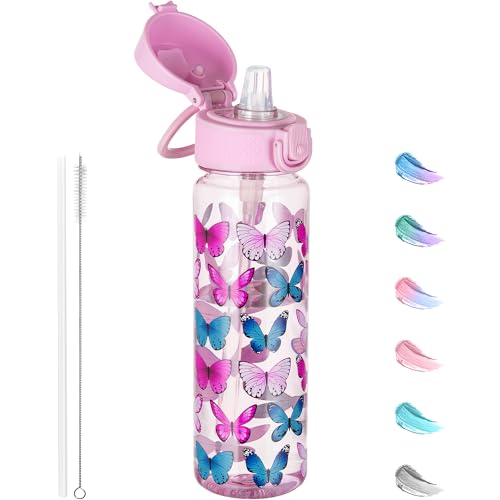 GOPPUS 500ML/17OZ Clear Tritan Water Bottle with Straw Transparent Childrens Drinks Bottle with Carrying Handle See Through Measured Bottles with Flip Top Lid Leakproof Adults Water Bottles BPA Free