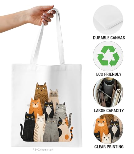 Image of Cute Cat Canvas Tote Bag for Women, Aesthetic Reusable Shoulder Bag for Shopping Travel Work
