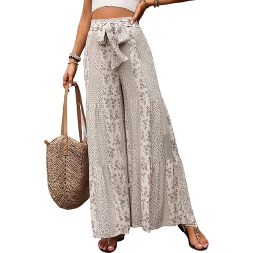 Women's Summer Ethnic Pattern Shirred Tie Front Wide Leg Vintage Pants, Boho Casual Patchwork Trousers for Beach Vacation