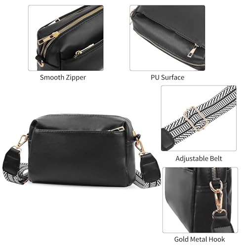 Image of VOROLO Crossbody Bag Small Leather Triple Zip Crossbody Purse Shoulder Bag with Ajustable Strap for Women Black with Rope