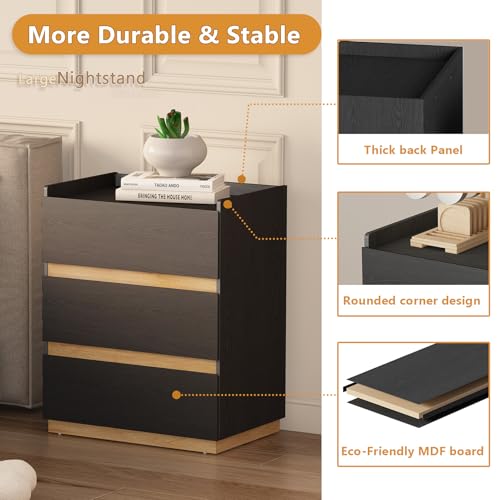 Image of 24 inch Wide Modern Large Nightstand, 3-Drawer Wooden Bedside Table