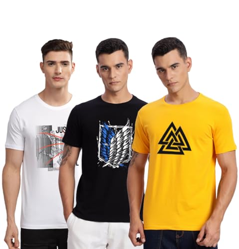 Image of ADRO 100% Cotton Lycra Tshirts for Men Combo Pack of 3 | Regular Fit | Printed T Shirt | Round Neck Half Sleeve| Mens Tshirts