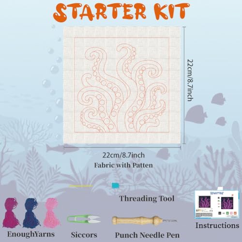 Image of BEUNITONE Punch Needle Kit for Adults Beginners with Tentacle Pattern, Complete DIY Craft Needlepoint Kits with Hoop, Punch Needle Starter Craft Embroidery Set for Festival Gift & Home Decor 9.4x9.4 inch