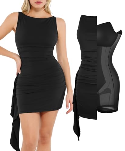 Popilush Cocktail Mini Dresses for Women - Built in Shapewear Party Vacation Dress Summer Boat Neck Ruched Bodycon Dress