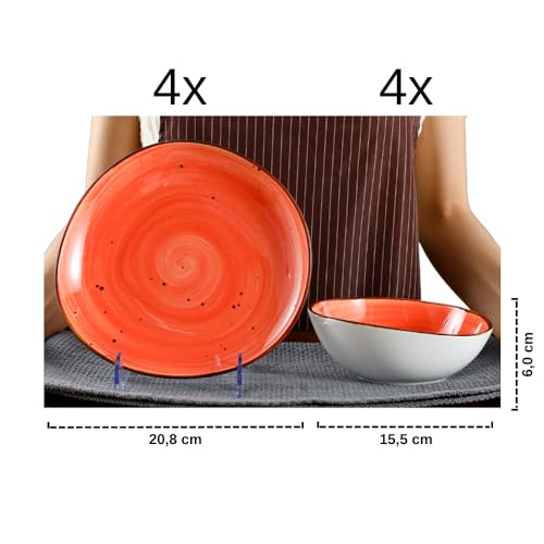 Kadum Potosi 8-teiliges Geschirrset für 4 Personen | Speiseteller Keramikteller hochwertige Keramik Bowls Saladbowls | 4x Frühstücksteller Ø 21,0 cm & 4x Salatbowl Ø 15,0 cm (Rot-Orange)