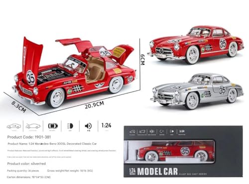Image of 1:24 Scale MER-CEDES Ben-Z 300SL Die-Cast Metal Car with Sport car Openable Doors Light and Sound,Pull Back Function Indoor Outdoor Toy for Kids (Silver-Printed)
