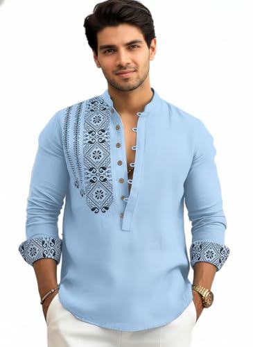 Image of Amazon Brand - INKAST Men's Cotton Blend Mandarin Collar Self One Design Full Sleeve Casual Short Kurta