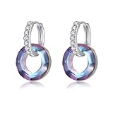 Hpoewre 925 Sterling Silver Circle Crystal Earrings for Women, Hypoallergenic Dangle Hoop Earring with Cubic Zirconia, Crystals Jewelry Collection Round Earrings (Light Purple Crystal)