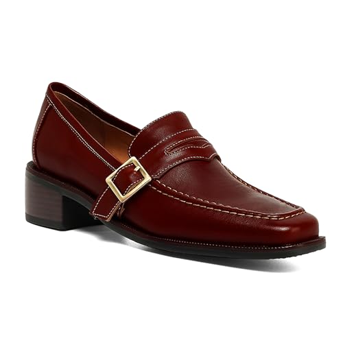 Image of MOOMMO Women Chunky Heel Penny Loafers Square Toe Buckle Slip On Comfort | Office Ladies Loafer Pumps 2 inch Stacked Block Heel Dress Loafers Oxfords Walking Dress Shoes Casual Size 4-11 M US